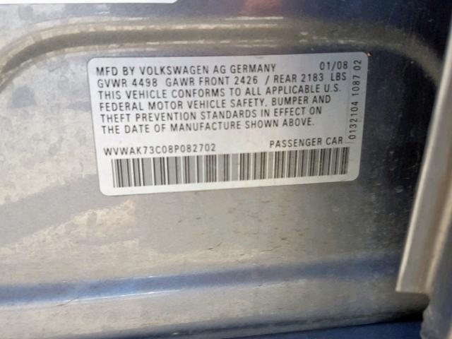 WVWAK73C08P082702 - 2008 VOLKSWAGEN PASSAT KOM GRAY photo 10