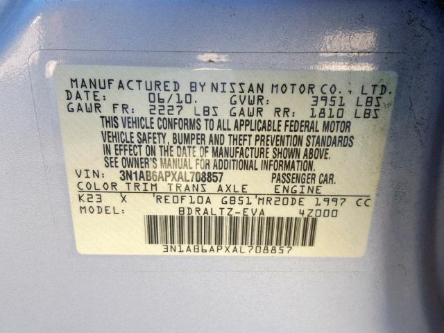 3N1AB6APXAL708857 - 2010 NISSAN SENTRA 2.0 SILVER photo 10