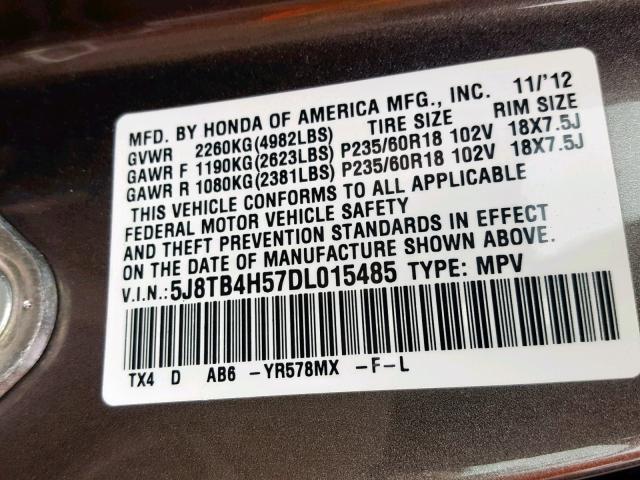 5J8TB4H57DL015485 - 2013 ACURA RDX TECHNO GRAY photo 10