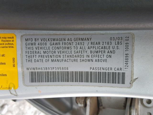 WVWRH63B93P395808 - 2003 VOLKSWAGEN PASSAT GLX 灰色 照片 10