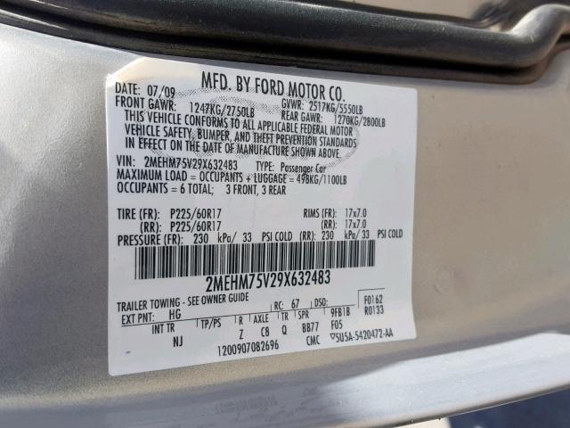 2MEHM75V29X632483 - 2009 MERCURY GRAND MARQ SILVER photo 10