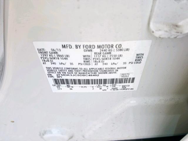 2FMDK3JC5DBC48492 - 2013 FORD EDGE SEL WHITE photo 10