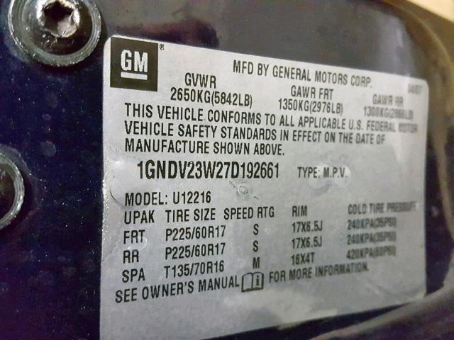 1GNDV23W27D192661 - 2007 CHEVROLET UPLANDER L 蓝色 照片 10