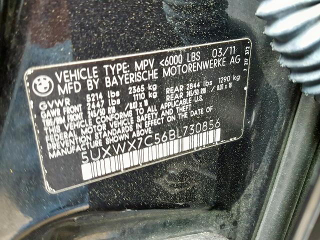 5UXWX7C56BL730856 - 2011 BMW X3 XDRIVE3 BLACK photo 10