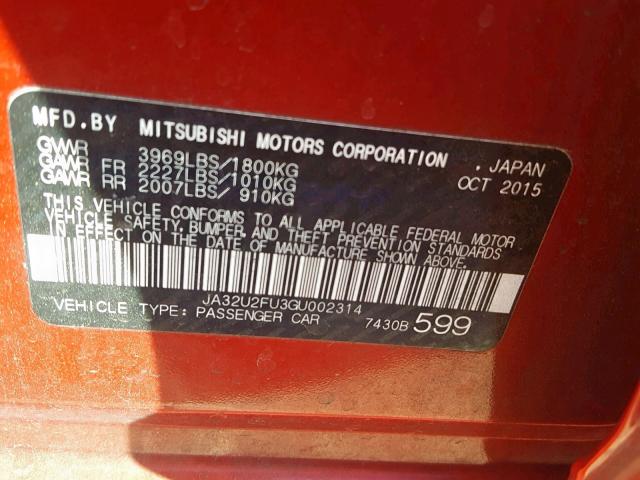 JA32U2FU3GU002314 - 2016 MITSUBISHI LANCER ES RED photo 10