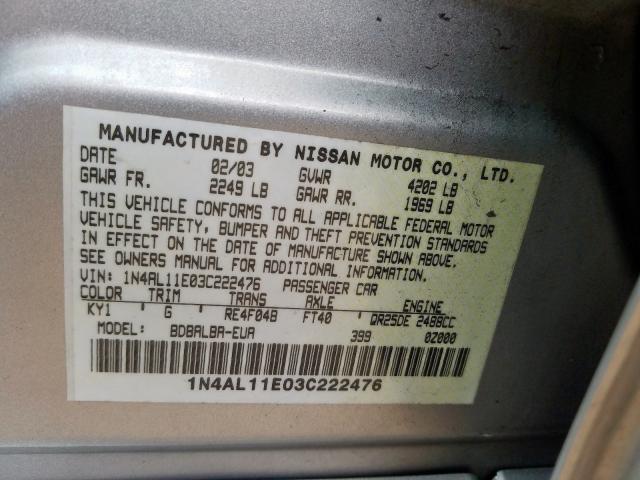 1N4AL11E03C222476 - 2003 NISSAN ALTIMA BASE  photo 10