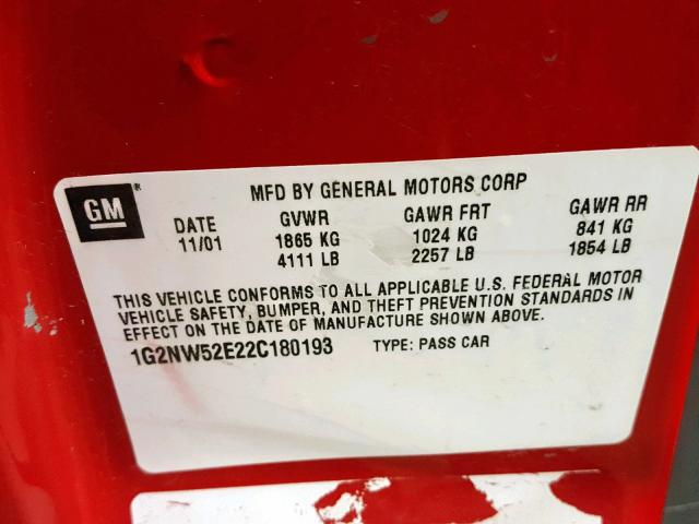 1G2NW52E22C180193 - 2002 PONTIAC GRAND AM G RED photo 10