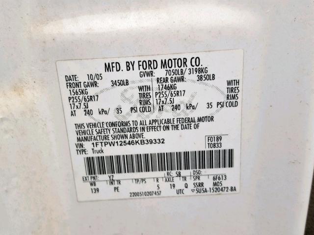 1FTPW12546KB39332 - 2006 FORD F-150 WHITE photo 10