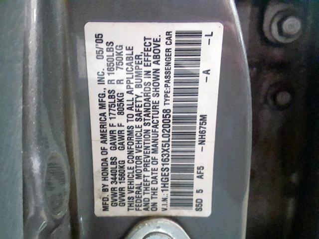 1HGES163X5L020058 - 2005 HONDA CIVIC DX V GRAY photo 10