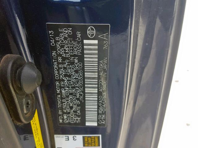 JTKJF5C70D3065100 - 2013 TOYOTA SCION TC ლურჯი ფოტო 10