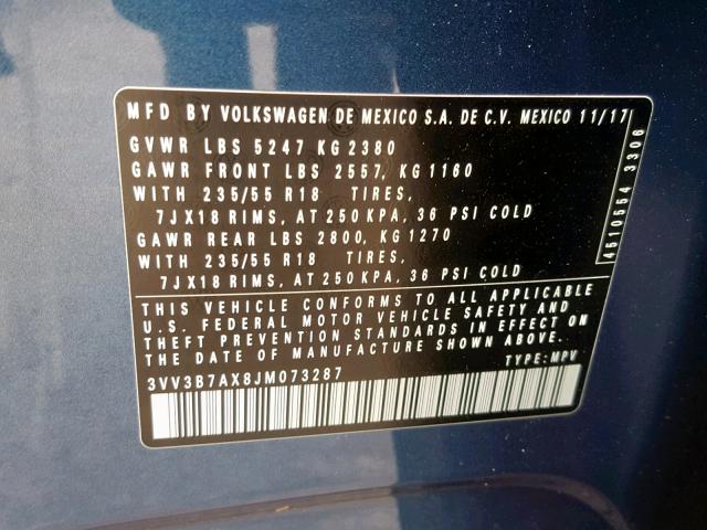 3VV3B7AX8JM073287 - 2018 VOLKSWAGEN TIGUAN SE BLUE photo 10