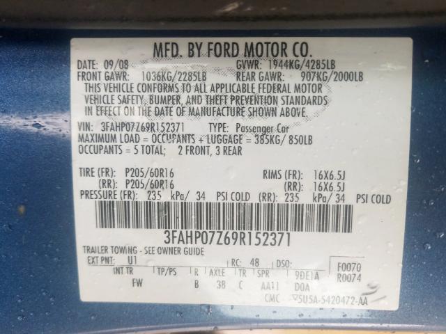 3FAHP07Z69R152371 - 2009 FORD FUSION SE  photo 10