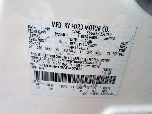 2FMDK4KC6ABA57681 - 2010 FORD EDGE LIMIT WHITE photo 10