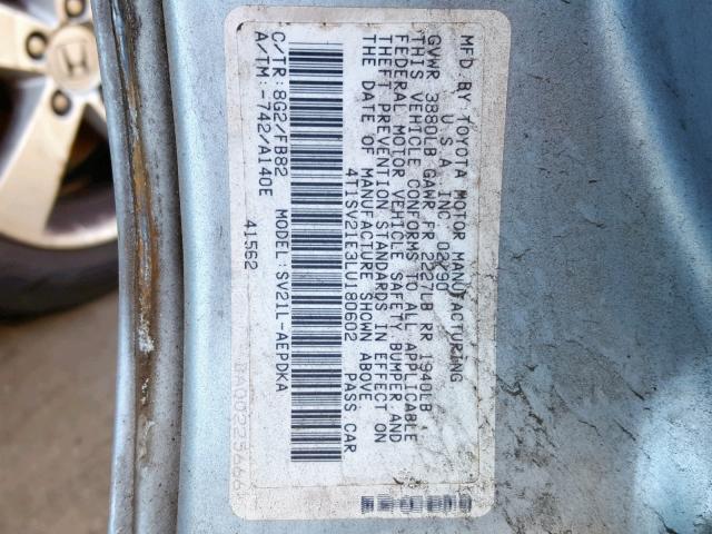 4T1SV21E3LU180602 - 1990 TOYOTA CAMRY DLX 蓝色 照片 10