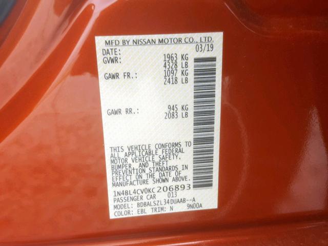 1N4BL4CV0KC206893 - 2019 NISSAN ALTIMA SR ORANGE photo 10