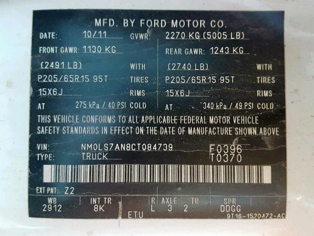 NM0LS7AN8CT084739 - 2012 FORD TRANSIT CO WHITE photo 10