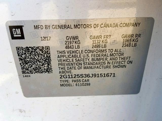 2G1125S36J9151671 - 2018 CHEVROLET IMPALA PRE WHITE photo 10