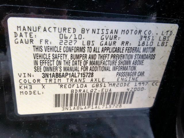 3N1AB6AP1AL715728 - 2010 NISSAN SENTRA 2.0 BLACK photo 10