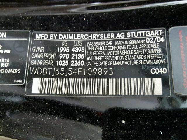 WDBTJ65J54F109893 - 2004 MERCEDES-BENZ CLK 320C BLACK photo 10