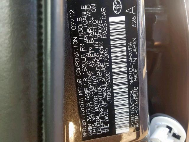 JTDKDTB32C1517286 - 2012 TOYOTA PRIUS C GRAY photo 10