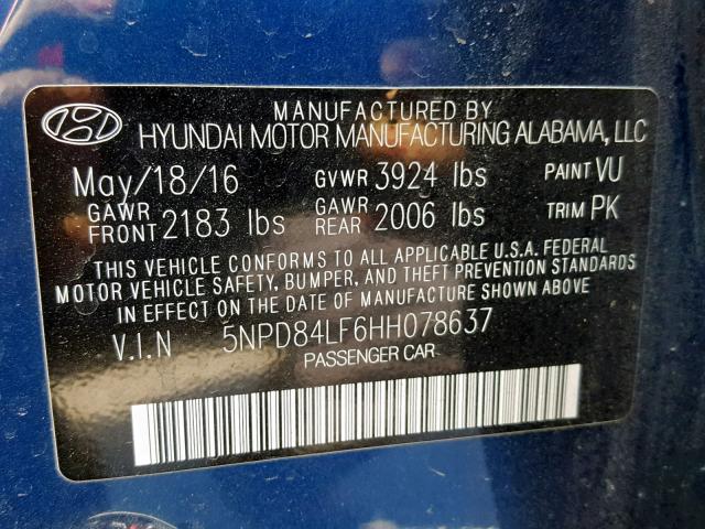 5NPD84LF6HH078637 - 2017 HYUNDAI ELANTRA BLUE photo 10