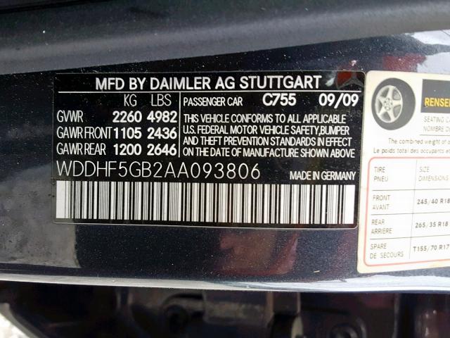 WDDHF5GB2AA093806 - 2010 MERCEDES-BENZ E 350 GRAY photo 10