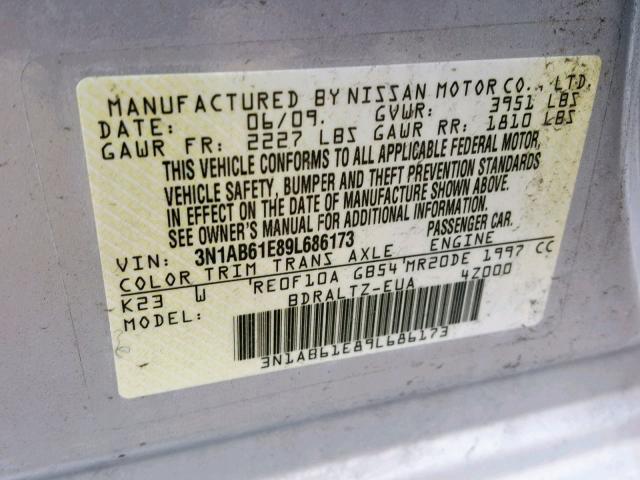 3N1AB61E89L686173 - 2009 NISSAN SENTRA 2.0 SILVER photo 10