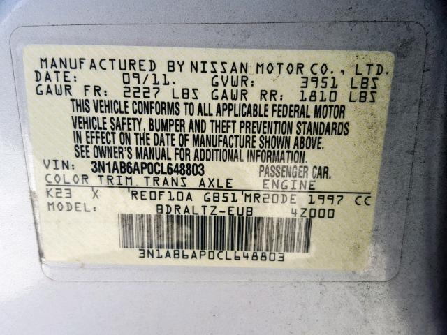 3N1AB6AP0CL648803 - 2012 NISSAN SENTRA 2.0 SILVER photo 10