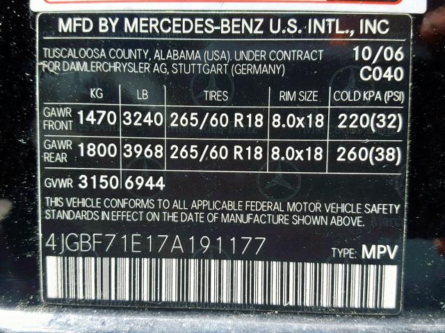 4JGBF71E17A191177 - 2007 MERCEDES-BENZ GL 450 4MA BLACK photo 10