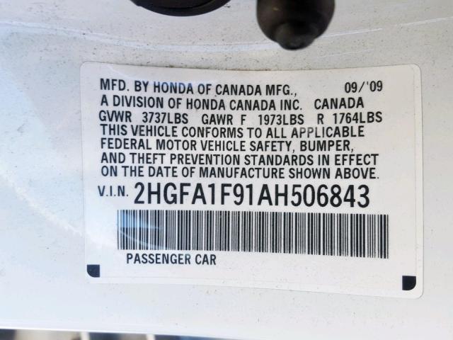 2HGFA1F91AH506843 - 2010 HONDA CIVIC EXL 白色 照片 10