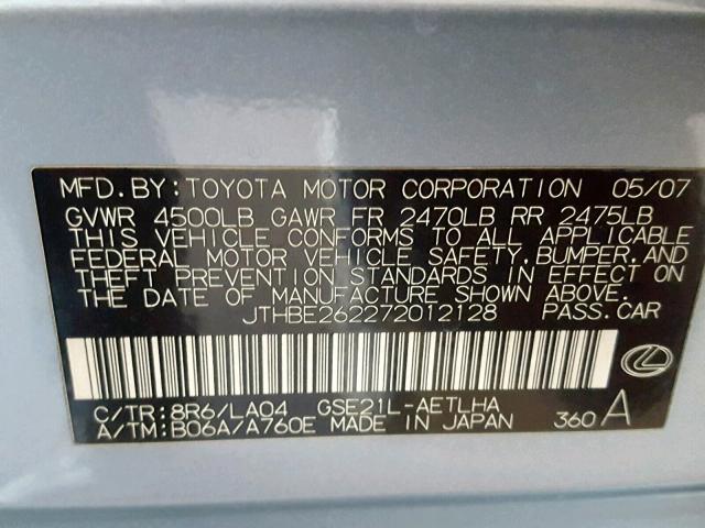 JTHBE262272012128 - 2007 LEXUS IS 350 BLUE photo 10