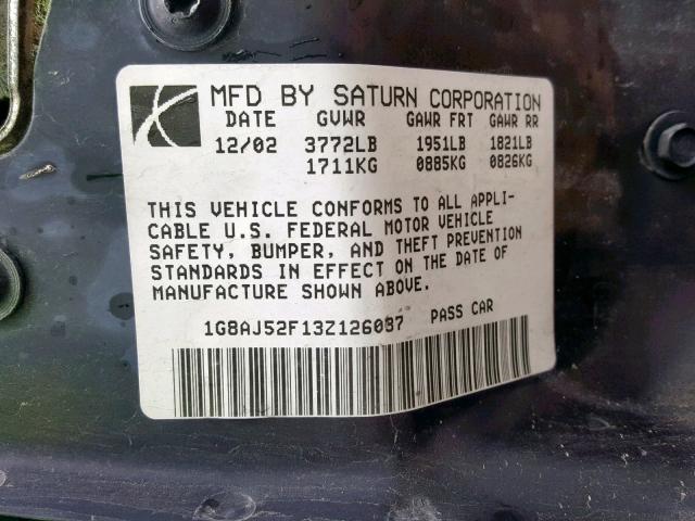 1G8AJ52F13Z126037 - 2003 SATURN ION LEVEL SILVER photo 10