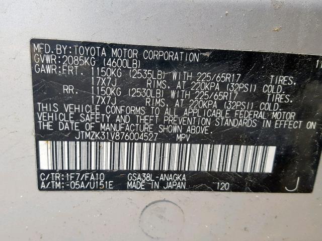 JTMZK31V876004527 - 2007 TOYOTA RAV4 LIMIT SILVER photo 10