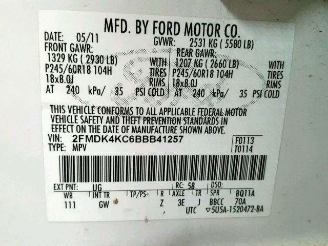 2FMDK4KC6BBB41257 - 2011 FORD EDGE LIMIT WHITE photo 10