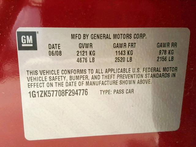 1G1ZK57708F294776 - 2008 CHEVROLET MALIBU LTZ 勃艮第红 照片 10