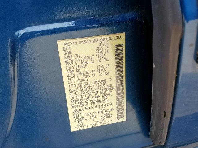 1N6AD07W35C445404 - 2005 NISSAN FRONTIER C BLUE photo 10