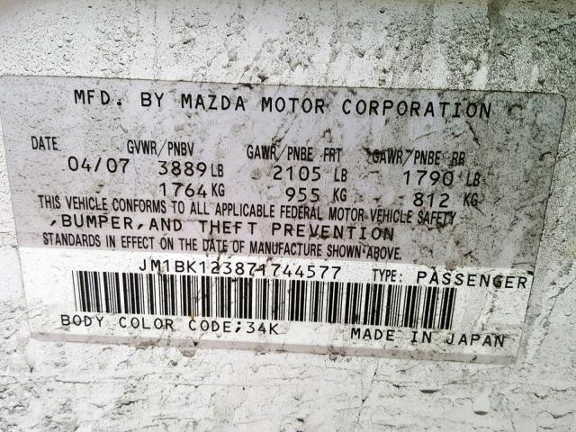 JM1BK123871744577 - 2007 MAZDA 3 S WHITE photo 10