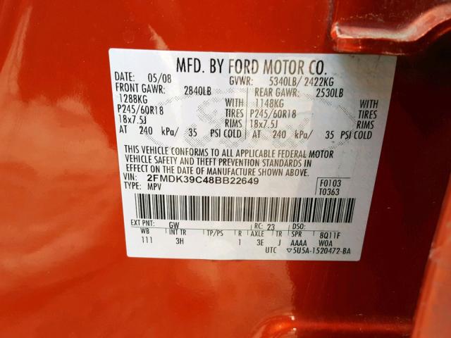 2FMDK39C48BB22649 - 2008 FORD EDGE LIMIT ORANGE photo 10