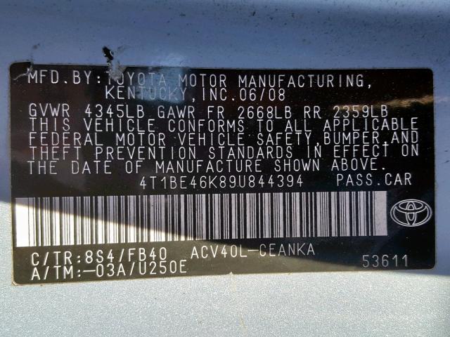 4T1BE46K89U844394 - 2009 TOYOTA CAMRY BASE BLUE photo 10