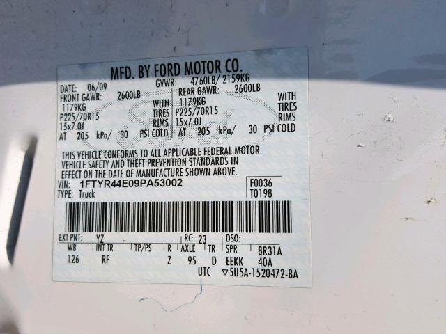 1FTYR44E09PA53002 - 2009 FORD RANGER SUP WHITE photo 10