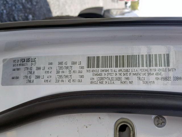 1C6RR7YTXJS110281 - 2018 RAM 1500 REBEL თეთრი ფოტო 10