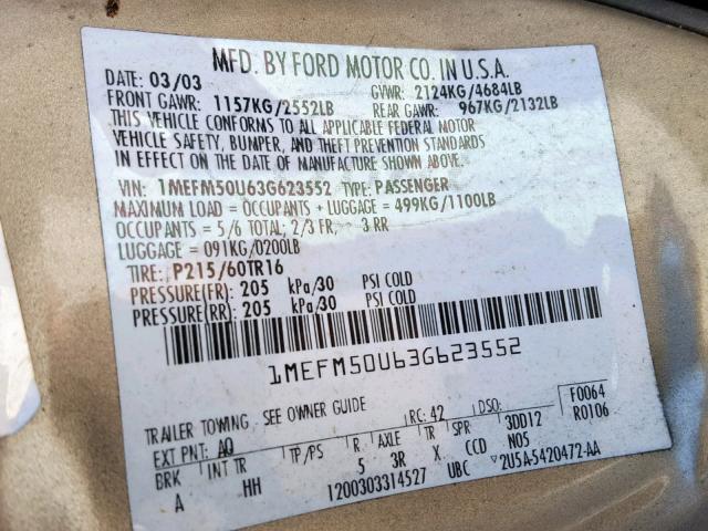 1MEFM50U63G623552 - 2003 MERCURY SABLE GS TAN photo 10