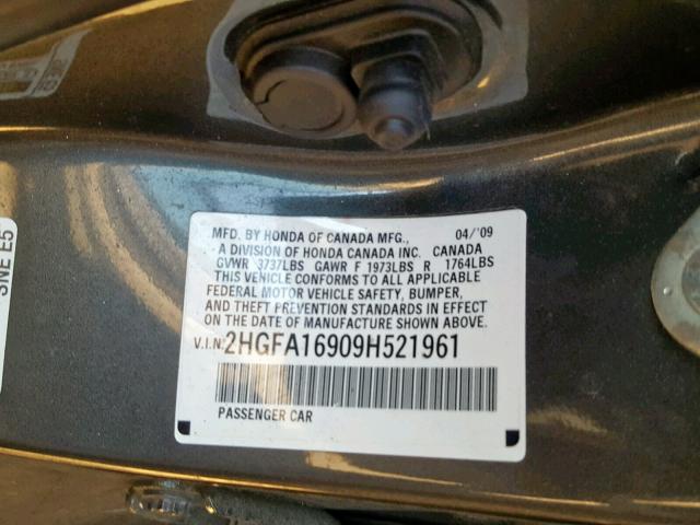 2HGFA16909H521961 - 2009 HONDA CIVIC EXL GRAY photo 10