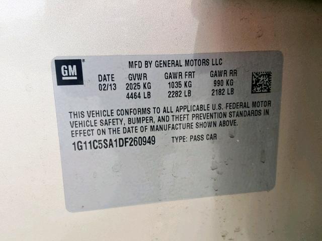 1G11C5SA1DF260949 - 2013 CHEVROLET MALIBU 1LT 米色 照片 10