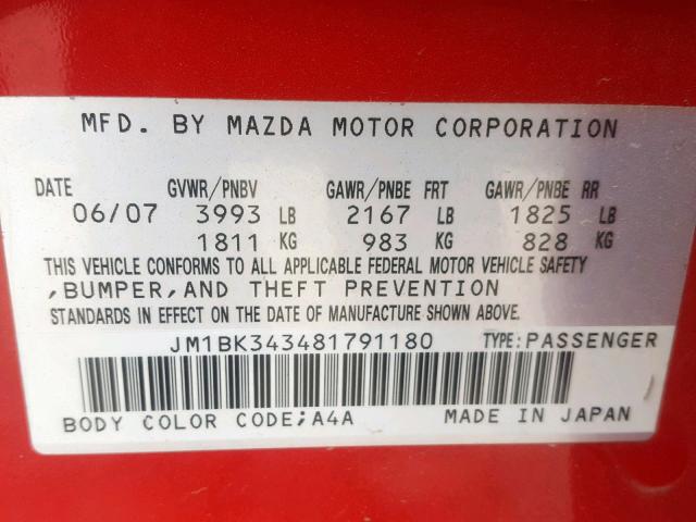 JM1BK343481791180 - 2008 MAZDA 3 HATCHBAC RED photo 10