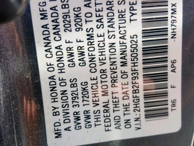 2HGFB2F93FH505025 - 2015 HONDA CIVIC EXL 灰色 照片 10