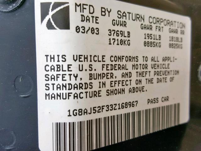1G8AJ52F33Z168967 - 2003 SATURN ION LEVEL GREEN photo 10