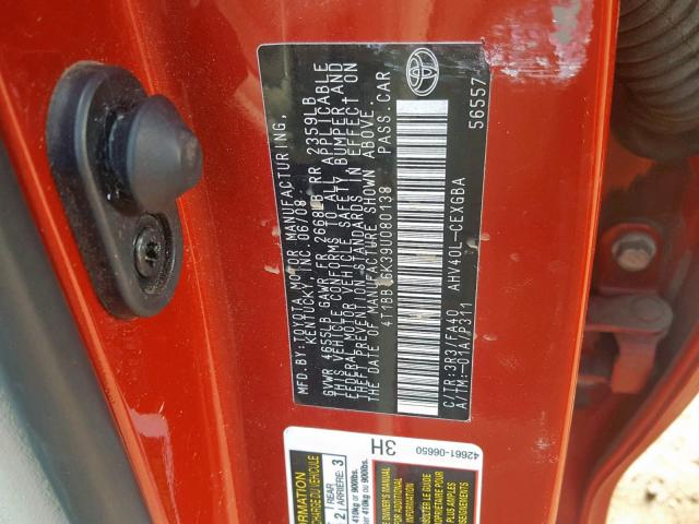 4T1BB46K39U080138 - 2009 TOYOTA CAMRY HYBR RED photo 10