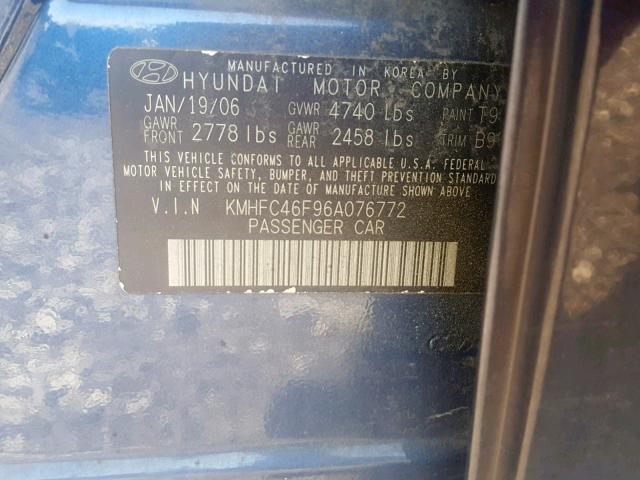 KMHFC46F96A076772 - 2006 HYUNDAI AZERA SE BLUE photo 10