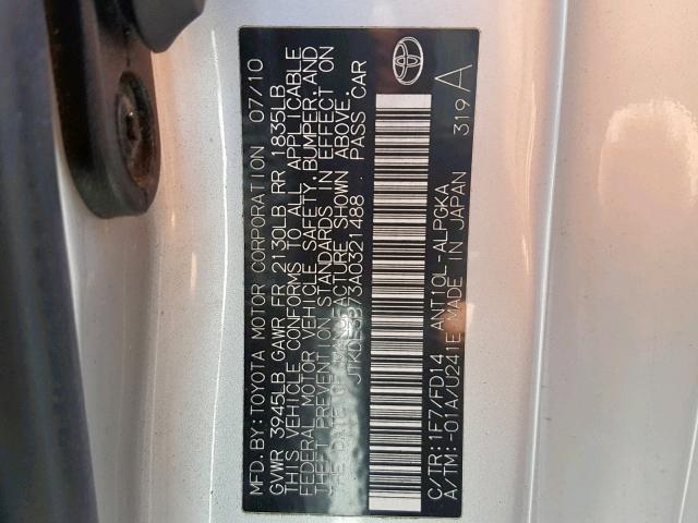 JTKDE3B73A0321488 - 2010 TOYOTA SCION TC ვერცხლისფერი ფოტო 10